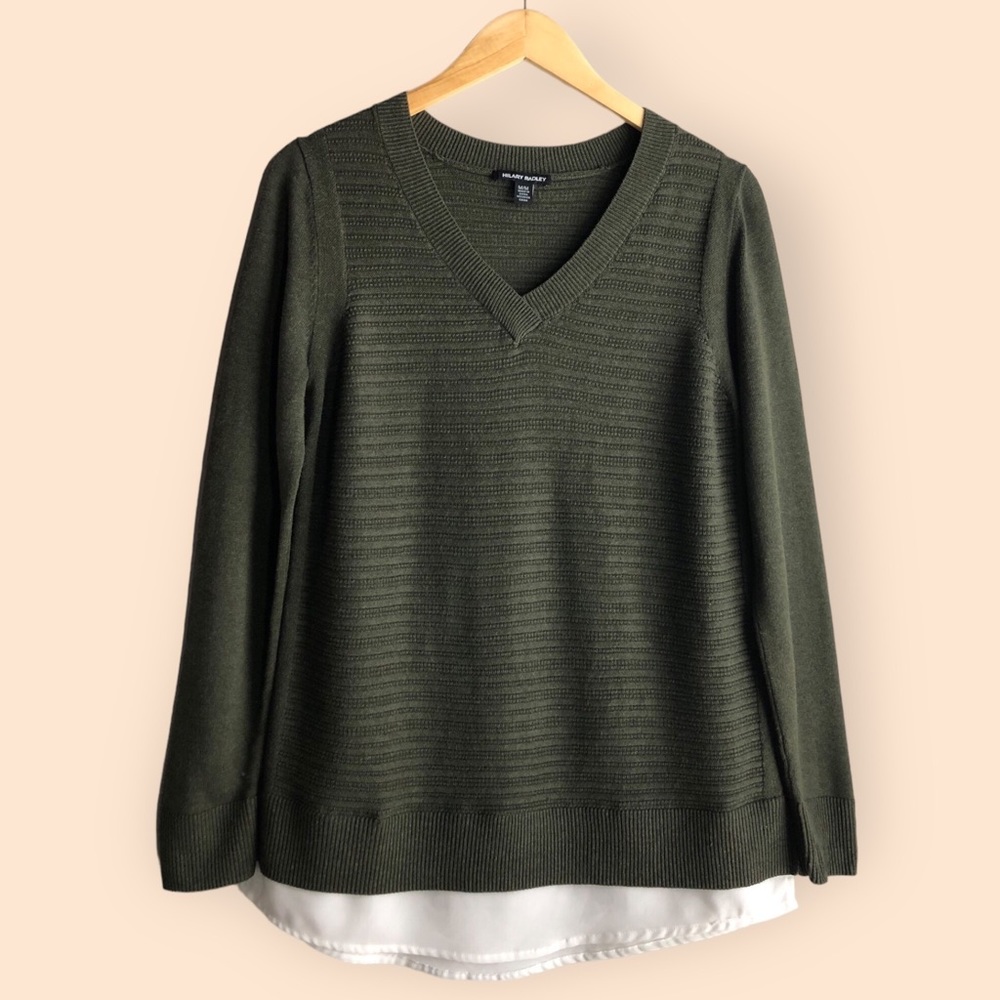 Hilary Radley 2-fer Sweater Shirt Forest Green Knit Viscose Cotton Women’s M